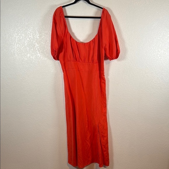 LOFT Dresses & Skirts - Loft Orange Puff Sleeve Linen Blend Maxi Dress Smocked Back Leg Slit Size 14